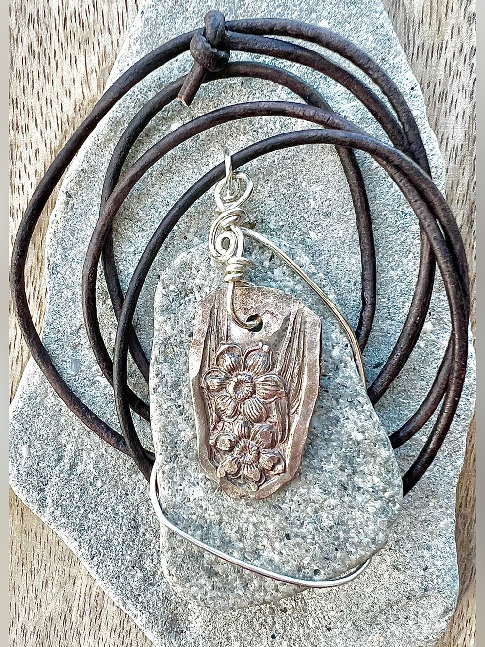 Handmade Wrapped Beach Stone & Vintage Silverware Necklace Adjustable Leather